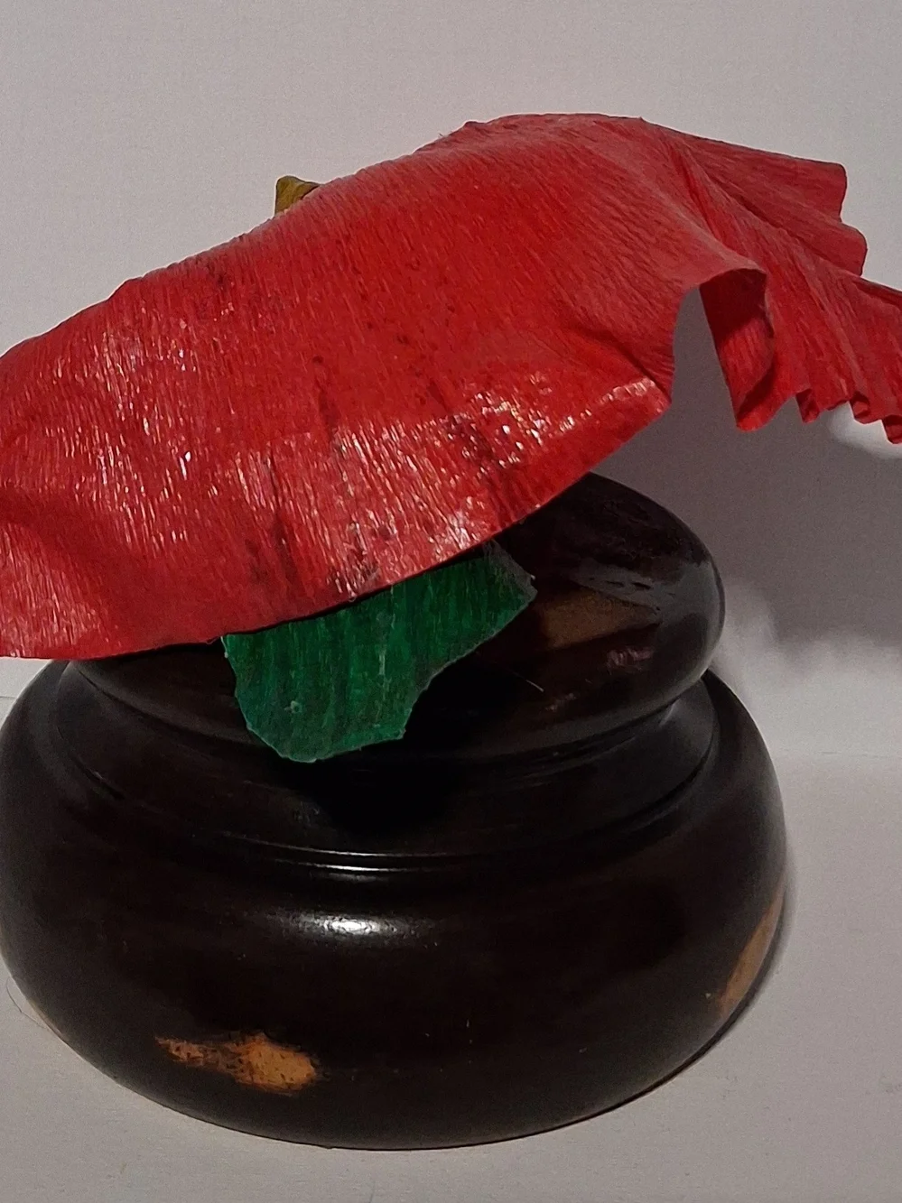 Red Italian Crepe Paper Calla Lily Decorative Flower on Dark Wood Base